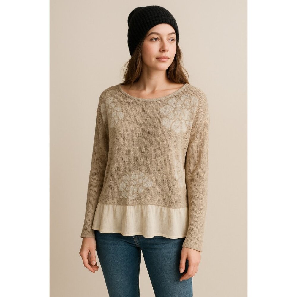 Style & Co Floral Knit Sweater M – Boho Layered Hem Beige Pullover Top